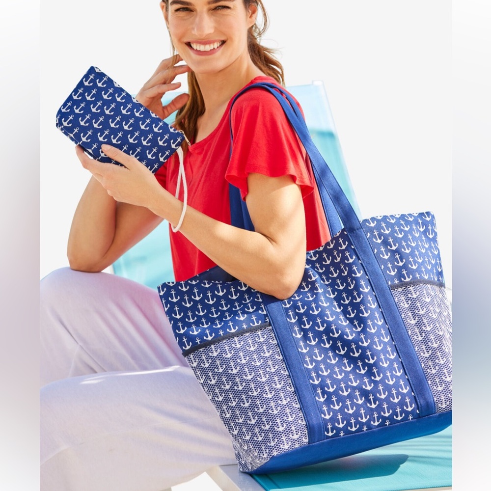 Woman Within Navy Nautical 2 Piece Tote Set NWT